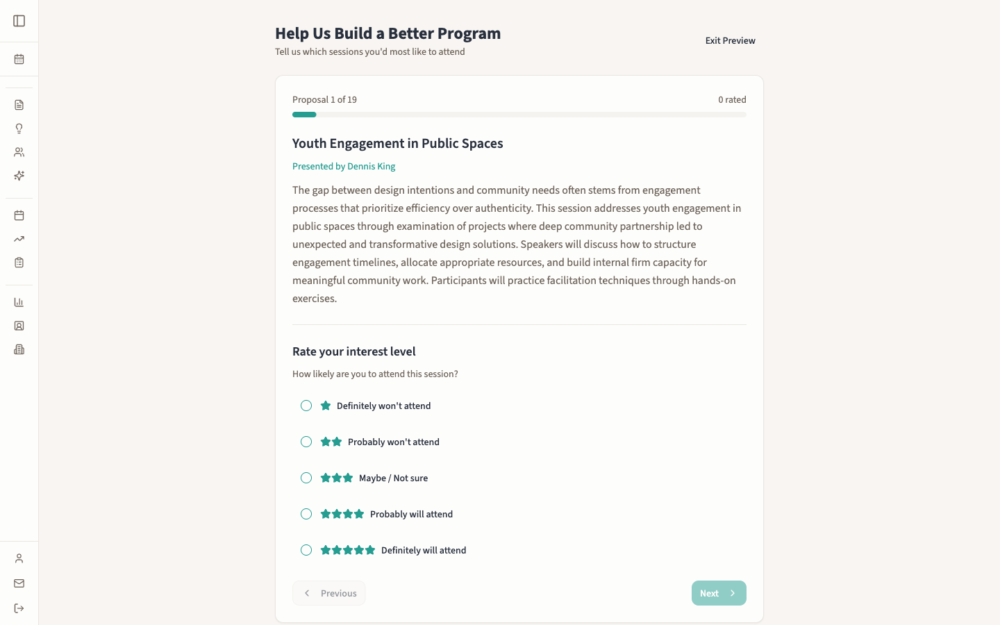 EventEdIQ attendee voting card with star ratings