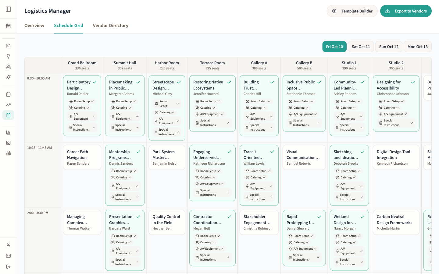 EventEdIQ Logistics Manager schedule grid with status icons