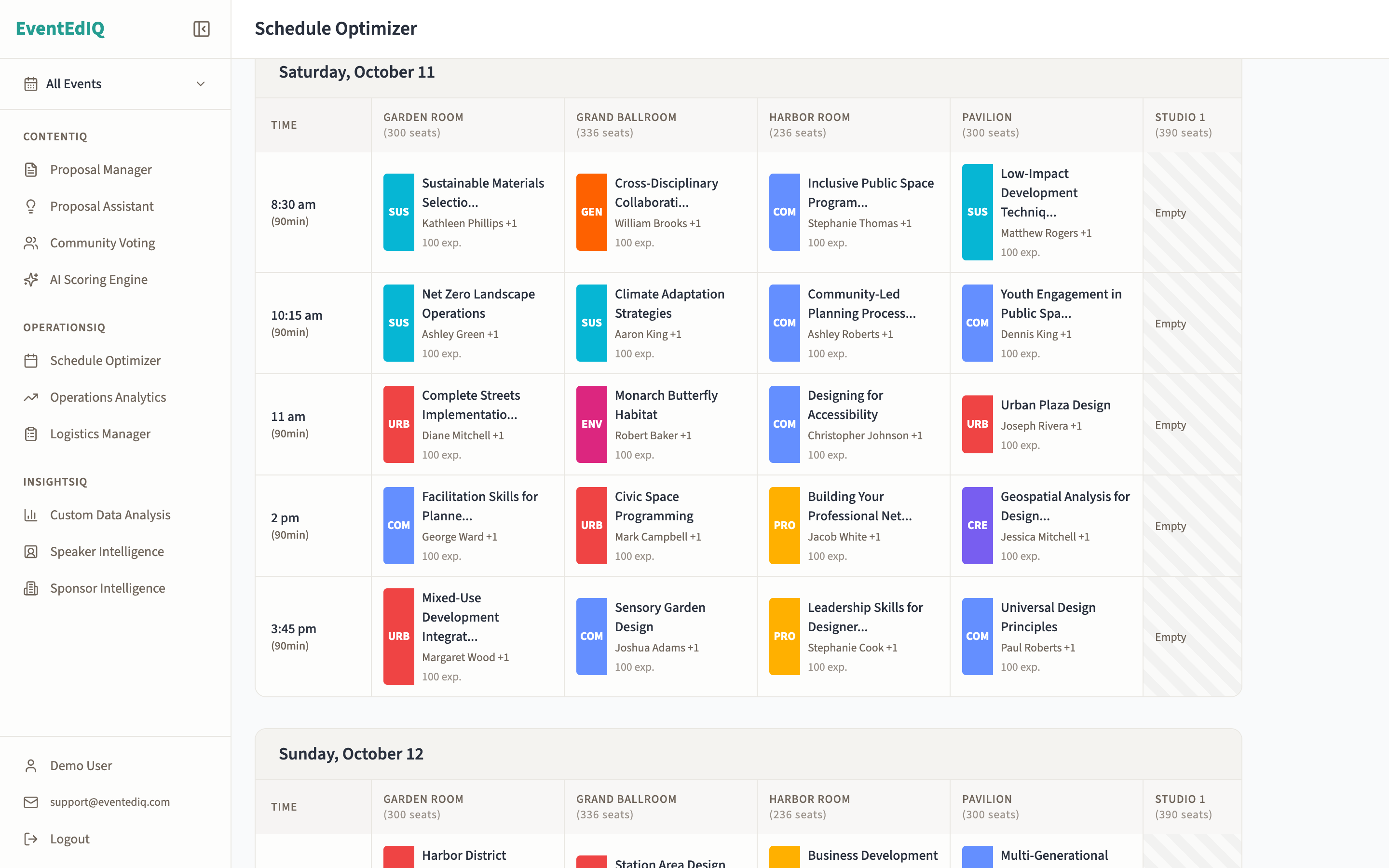 EventEdIQ Schedule Optimizer — color-coded schedule grid showing sessions across rooms