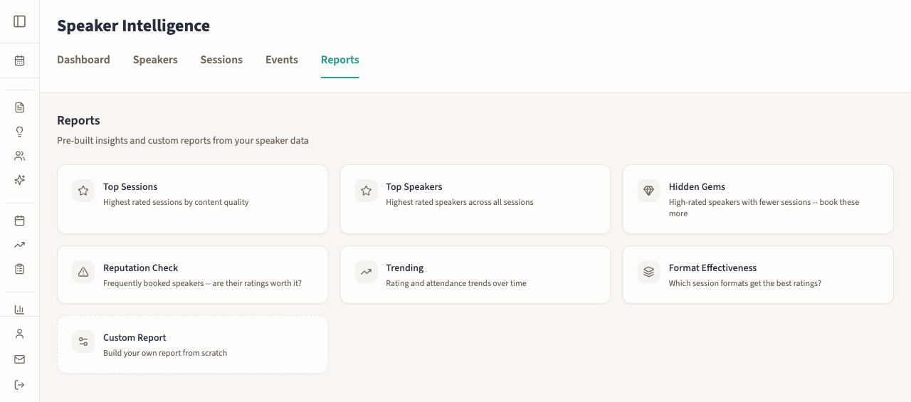 EventEdIQ Speaker Intelligence — pre-built reports including Hidden Gems, Reputation Check, Trending, Format Effectiveness, and Custom Reports